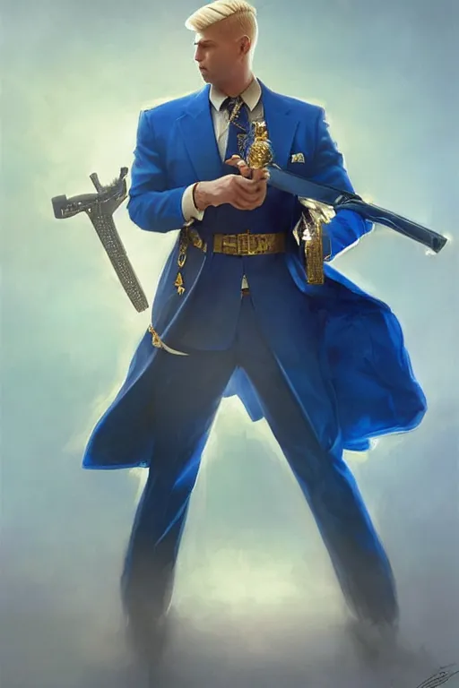 Image similar to side profile of a blonde man in a blue suit with medals on it dual wielding a sword and a pistol, highly detailed, d & d, fantasy digital painting, trending on artstation, concept art, sharp focus, illustration, volumetric light, intricate, art by artgerm and greg rutkowski