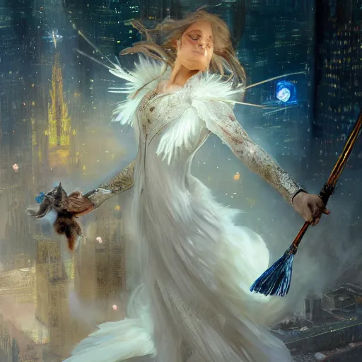 Image similar to hyperrealistic portrait of a woman flying a broom above a bladedrunner city among cats as fireflies wearing white swan dress long feathers and sapphire jewellery by jeremy mann and alphonse mucha, fantasy art, photo realistic, dynamic lighting, artstation, poster, volumetric lighting, very detailed faces, 4 k, award winning