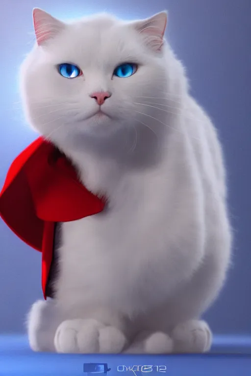 Image similar to a white cat with blue eyes wearing a red formal overcoat, hyperrealistic, concept art, octane render, unreal engine 5, realistic and defined face, profile picture, digital art, pixar and disney style, symmetrical, high quality, highly detailed, high coherence, path traced, house background, low contrast, beautiful, elegant clothes