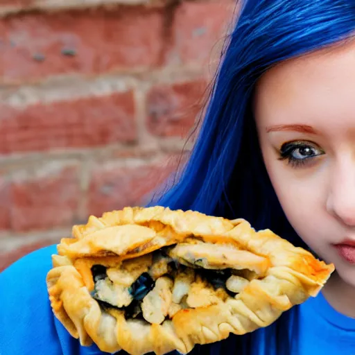 Prompt: anime girl with blue hair eating an empanada