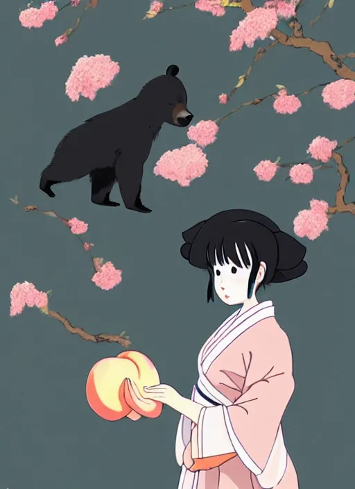 Prompt: a girl wearing a kimono gives a peach to a large anthropomorphic asian black bear, featured in artstation, artgerm, award winning, cinematic, elegant, intricate, 8 k, in the style of hayao miyazaki and masashi ando and timothy kong and laia lopez and viorie,