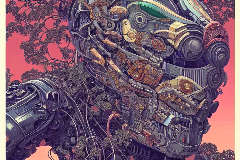 Prompt: gigantic mecha head with lot of details, a lot of exotic vegetation, trees, flowers by moebius, dull colors, junji ito, tristan eaton, victo ngai, artgerm, rhads, ross draws, hyperrealism, intricate detailed, risograph