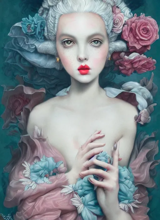 Image similar to pop surrealism, lowbrow art, realistic marie antoinette painting, japanese street fashion, hyper realism, muted colours, rococo, natalie shau, loreta lux, tom bagshaw, mark ryden, trevor brown style,