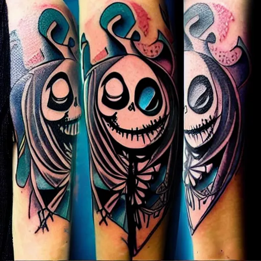 Prompt: zero from nightmare before christmas as tattoo by tim burton