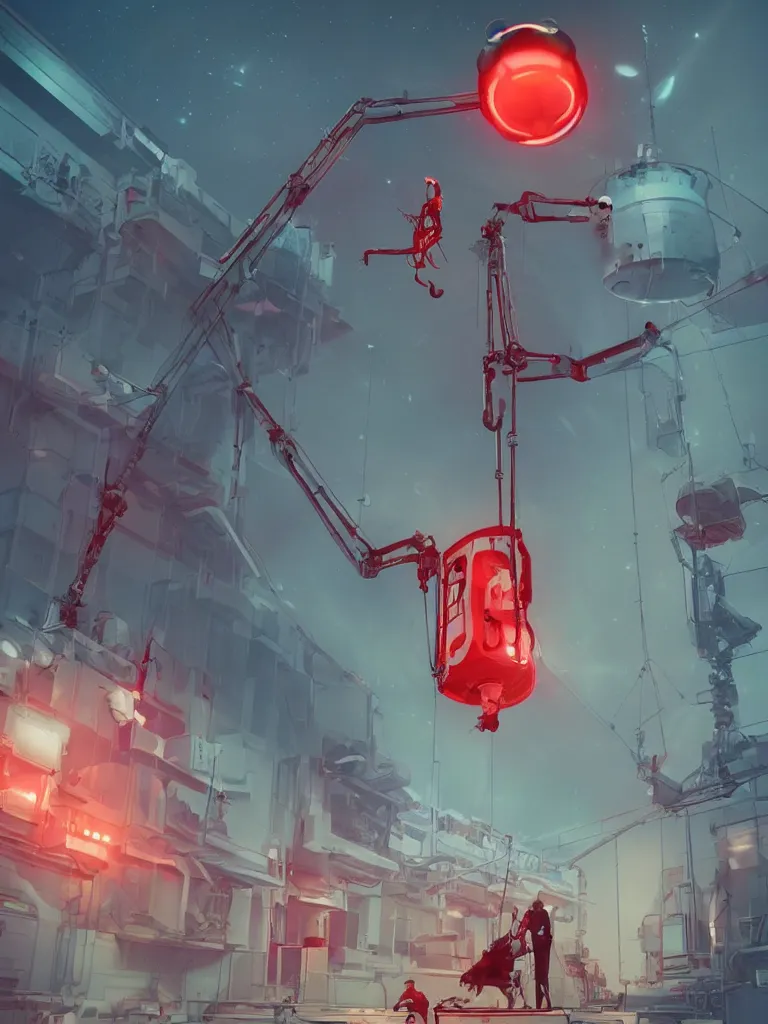 Image similar to graphic art of dystopian futuristic 1 0 mechanic surgeons in space suits, operate on a huge mouse head held by a crane. ominous glowing red netflix sign in the background, trending on art station, beeple