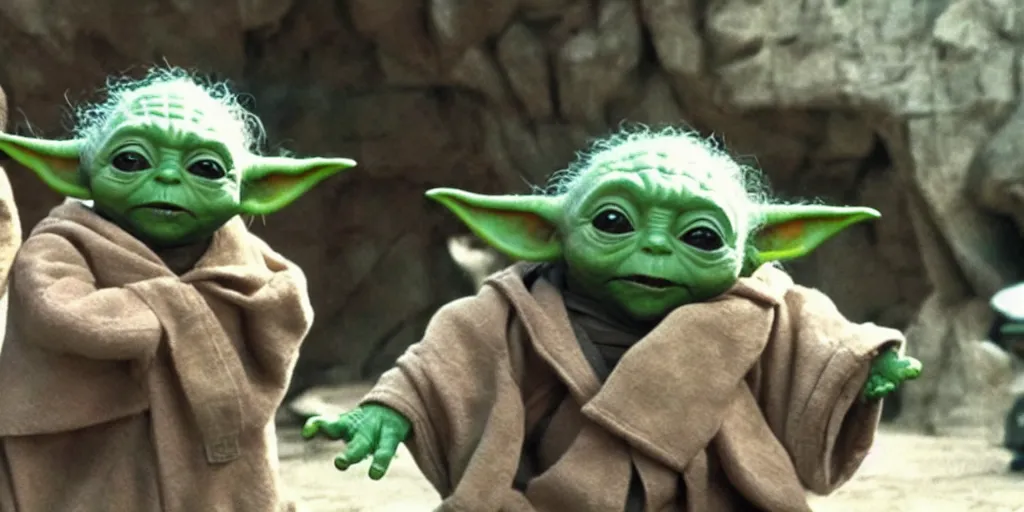 Image similar to Luke Skywalker teaches baby yoda at Jedi Temple scene from Force Awakens, 2022, serene, iconic scene, stunning cinematography, anamorphic lenses, kodak film