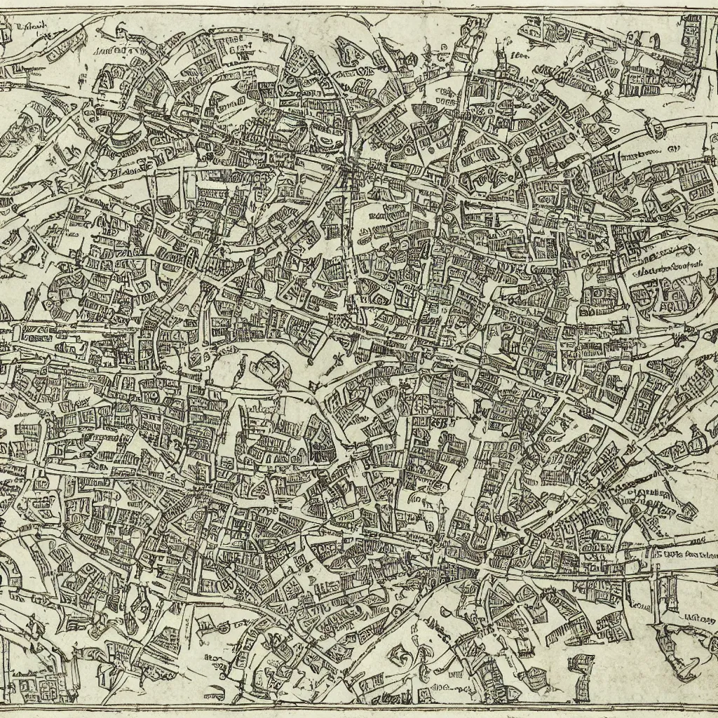 Image similar to medieval london with ports and road, map, technical drawing, schematic, diagram, manuscript