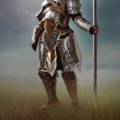 Image similar to a divine templar in heay armor standing in a field, au naturel, hyper detailed, digital art, trending in artstation, cinematic lighting, studio quality, smooth render, unreal engine 5 rendered, octane rendered, art style by klimt and nixeu and ian sprigger and wlop and krenz cushart