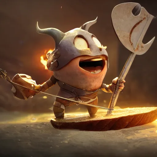 Image similar to viking battle toast, a slice of toasted bread with a face, arms and legs, holding a sword, cute, pixar, volumetric lighting, dynamic composition, fantasy, hyper detailed, ultra realistic, sharp focus, octane render, concept art by ruan jia and heng z and artem