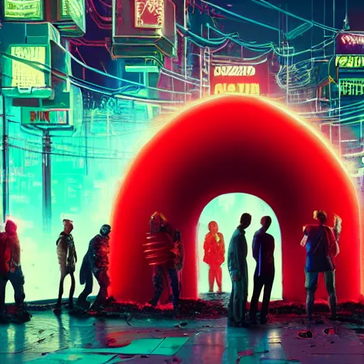 Image similar to a group of people standing around a giant bloody wounded mickey mouse, neon netflix logo, cyberpunk art by david lachapelle, cgsociety, sots art, dystopian art, reimagined by industrial light and magic, dark concept art