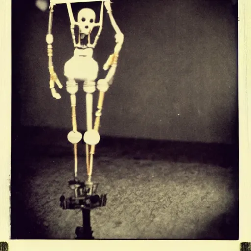 Image similar to female alive, creepy marionette puppet, leaping towards viewer, horrific, unnerving, clockwork horror, pediophobia, lost photograph, dark, forgotten, final photo found before disaster, human in the background polaroid,