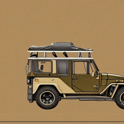 Image similar to a blueprint by Leonardo da Vinci of a Toyota Fj43 build in 1981, black roof, with a roof rack, detailed, in the style of Leonardo da Vinci, 8K, octane render, 8K,