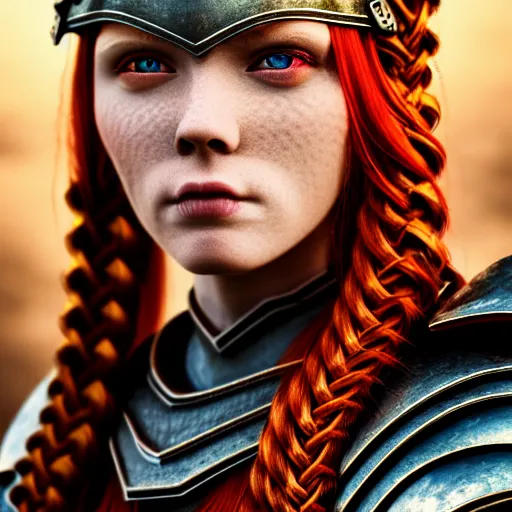 Prompt: north female warrior, red hair, ginger hair, fantasy, high detailed, photography, cloudy, lightweight armour, Scandinavia, plain, detailed face, cute face, model, glowing skin, two large braids, professional photographer, masterpiece, 8k, 3D