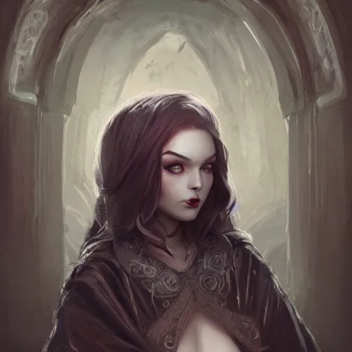 Image similar to whimsical grumpy girl, portrait, ice magic, dark hair, dark robe, intricate, elegant, highly detailed, cgsociety, trending on artstation, dnd, castle background, warm light, concept art, illustration