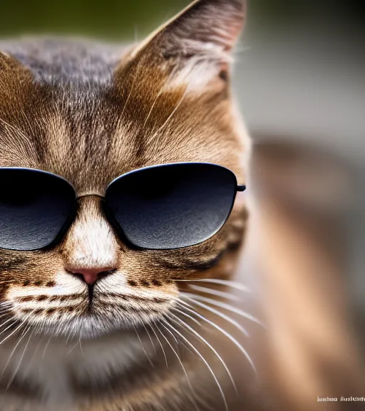 Image similar to award winning 5 5 mm close up portrait color photo of an admiral cat in full military outfit and aviators, in a park by luis royo. soft light. sony a 7 r iv