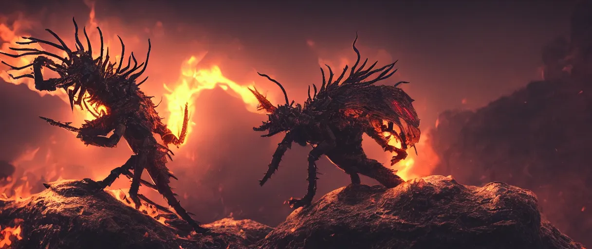 Prompt: a undead fire mage lord riding ontop a spiky insect lord dramatic lighting cinematic establishing shot extremely high detail foto realistic cinematic lighting post processed