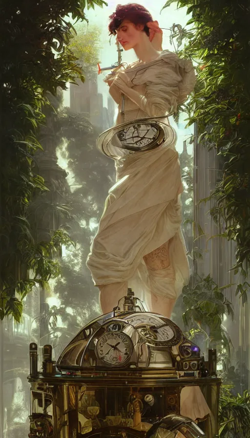 Image similar to hyper realistic time machine schematics, cyberpunk, design on white background, beautiful details, lush foliage, drawn by john singer sargent, tom bagshaw, norman rockwell, alphonso mucha, lolish, trending on artstation