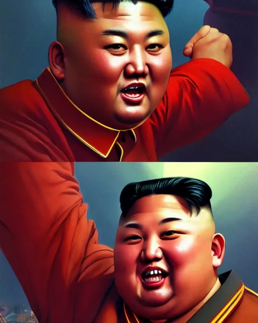 Image similar to kim jong un as a prophet. 1 9 8 0 s dystopian soviet russia, propaganda screens. unreal engine, fantasy art by jesper ejsing. faithfully depicted facial expression, perfect anatomy global illumination, radiant light, detailed and intricate environment