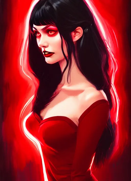 Image similar to portrait of vampire veronica lodge with bangs, vampire, long hair, red clothes, bangs, vampironica, intricate, elegant, glowing lights, highly detailed, digital painting, artstation, concept art, smooth, sharp focus, illustration, art by wlop, mars ravelo and greg rutkowski