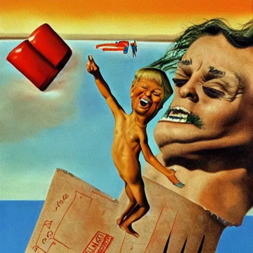 Image similar to tiny person is laughing and pointing at donald trump in a swimsuit.. painting by salvador dali.