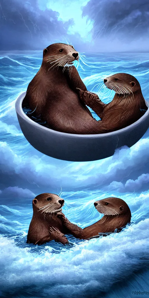 Image similar to An adorable Otter saving his wife from the whirlpool, in love holding hands side by side, in the middle of a super scary storm at sea, thunder, lightning, waves, fantasy illustration, cinematic, award winning, romantic, detailed trending on artstation, masterpiece