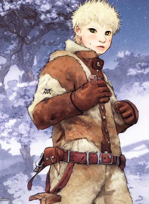 Image similar to character portrait of a albino mountain lion wearing miner's clothes. hidari, color page, tankoban, 4K, tone mapping, Akihiko Yoshida.