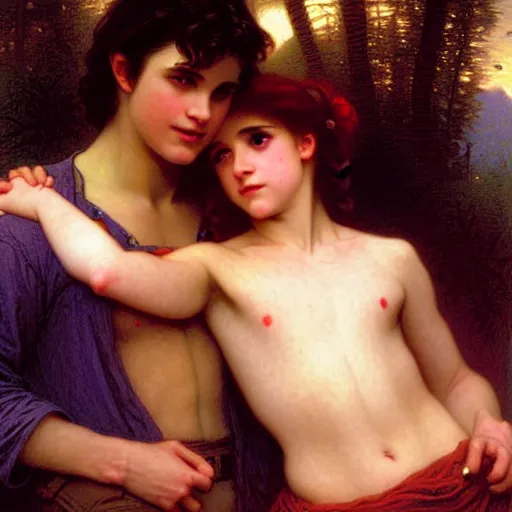 Image similar to twilight version of stranger things, portrait of edward and bella by gaston bussiere in the style of william - adolphe bouguereau, art nouveau