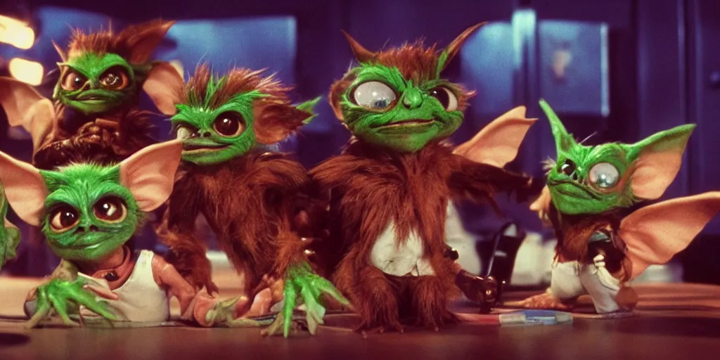 Image similar to Gremlins movie, Gyzmo is high and the gremlins are high too, trending on Artstation, 8K, ultra wide angle, pincushion lens effect.