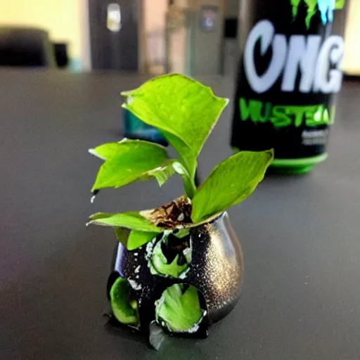 Image similar to “photo of a single wilted flower growing out of a Monster energy drink can with holes oozing black liquid with server cables and cat-5 cables everywhere surrounding it”