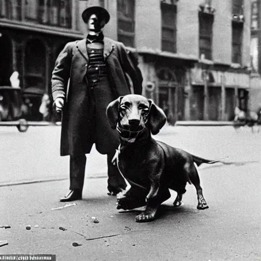 Image similar to a cinematic scene of a steampunk dachsund dog doing a investigation on a crime scene in 1901 new york streets