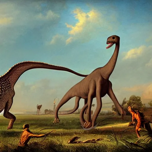 Image similar to hunters chasing a diplodocus in the plains