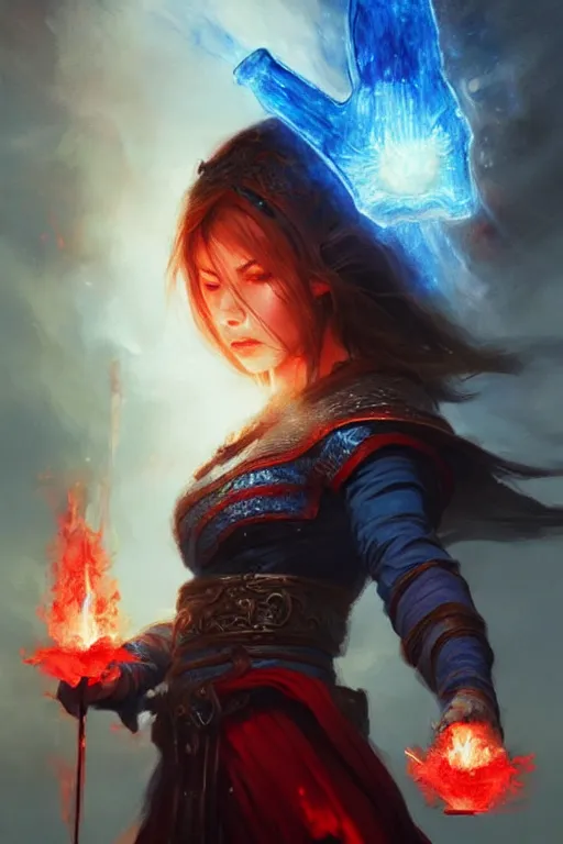 Image similar to Front portrait of mage hold a blue fire on right hand and red fire on the left hand, fine art, awesome fantasy book cover on Pinterest, award winning, dark fantasy landscape, fantasy magic, intricate, elegant, sharp focus, highly detailed, digital painting, concept art, art by WLOP and Artgerm and Greg Rutkowski, masterpiece, trending on artstation