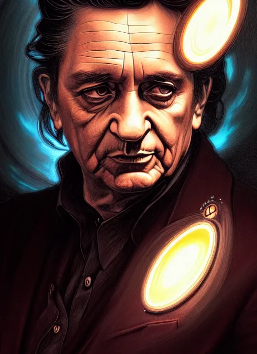 Prompt: portrait of johnny cash glowing eyes, volumetric lights, feast, music notes, art nouveau botanicals, gothic, intricate, highly detailed, digital painting, artstation, concept art, smooth, sharp focus, symmetric face, illustration, steampunk, art by artgerm and greg rutkowski and alphonse mucha