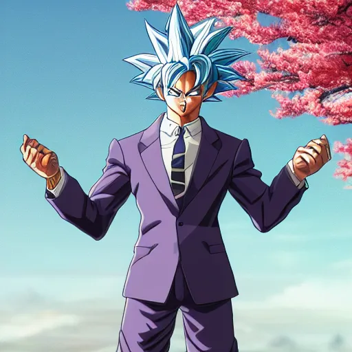 Prompt: highly detailed photo of goku wearing tuxedo standing in front of sakura trees, anime concept art, symmetrical face, with clear eyes highly detailed, 8 k