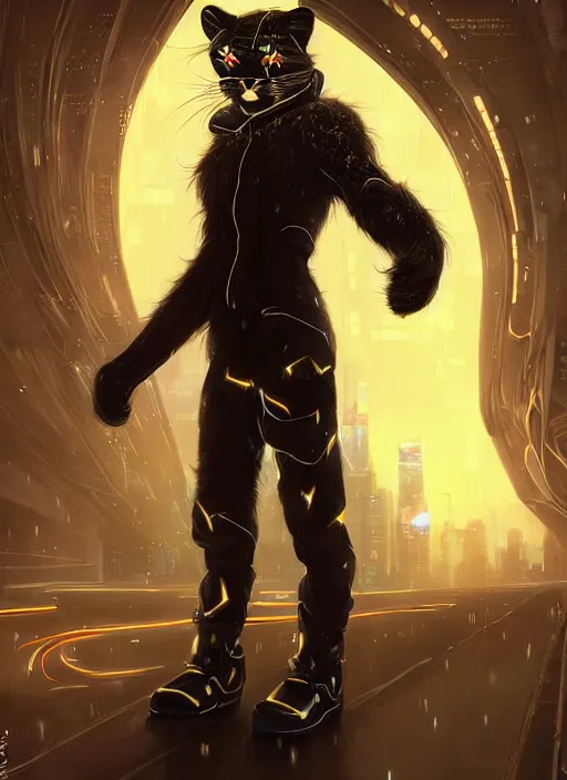 Image similar to award winning beautiful portrait commission of a male furry anthro mountain lion fursona with a tail and a cute beautiful attractive detailed furry face wearing stylish black and gold cyberpunk clothes in a cyberpunk city at night while it rains. Character design by charlie bowater, ross tran, artgerm, and makoto shinkai, detailed, inked, western comic book art