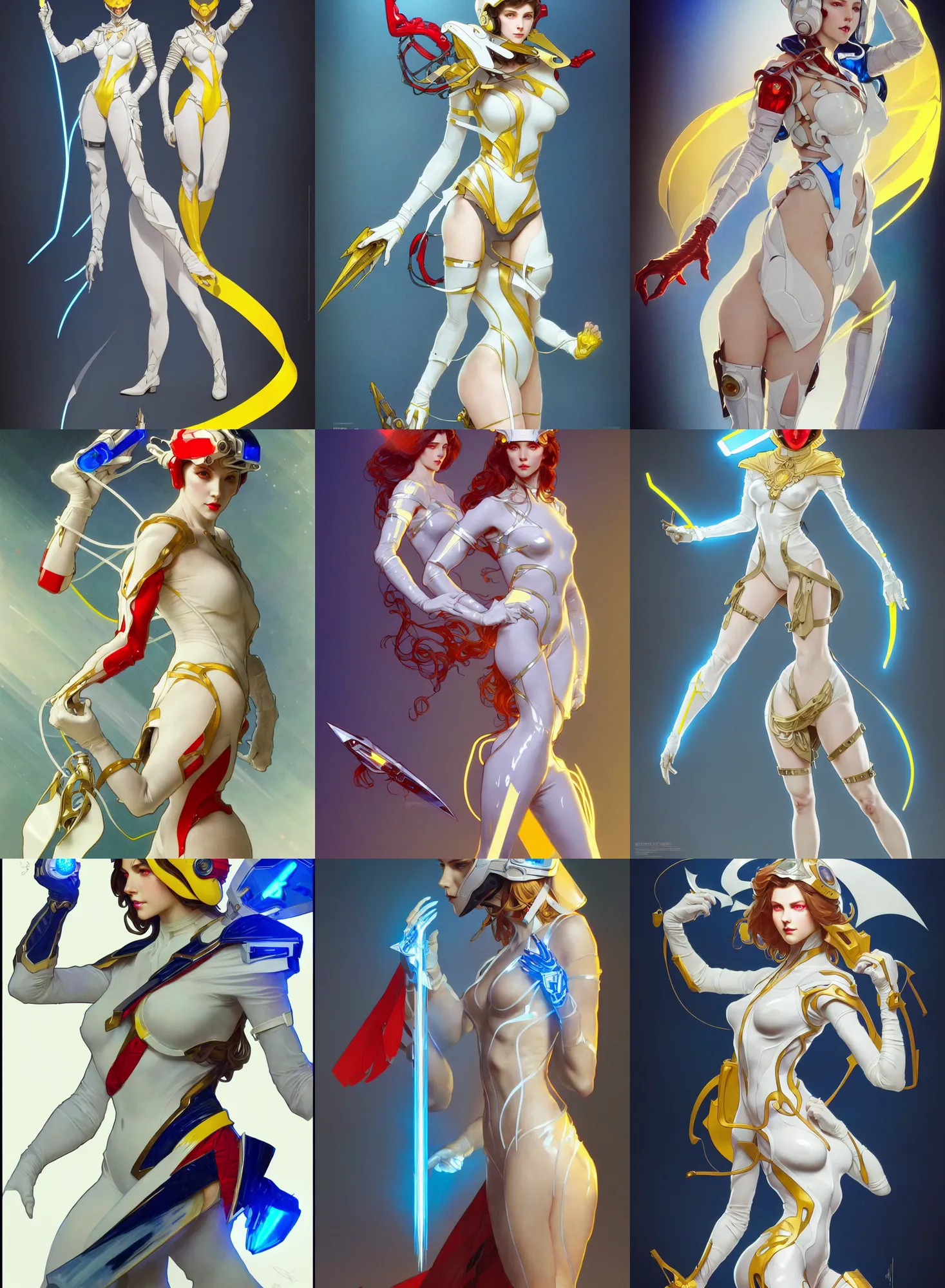 Image similar to a full body character design by artgerm, greg rutkowski and alphonse mucha. sci - fi dagger. laser white and yellow tape and red translucent plastic tape project show attctive showgirl!! sci - fi helmet electric blue eyes!! sharp edges. contour light effect!! ultra detailed, elegant, intricate, octane render.