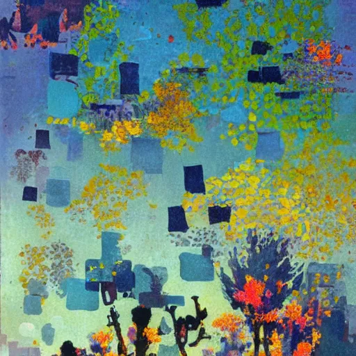 Image similar to leather, fauvist by chris foss robust, emotive. a collage of a beautiful landscape, delicate brushstrokes. peaceful & serene, with a gentle breeze blowing through the trees & flowers. colors are muted & gentle, calm & tranquility. well balanced & harmonious. color & composition, pleasing to the eye & calming to the soul.