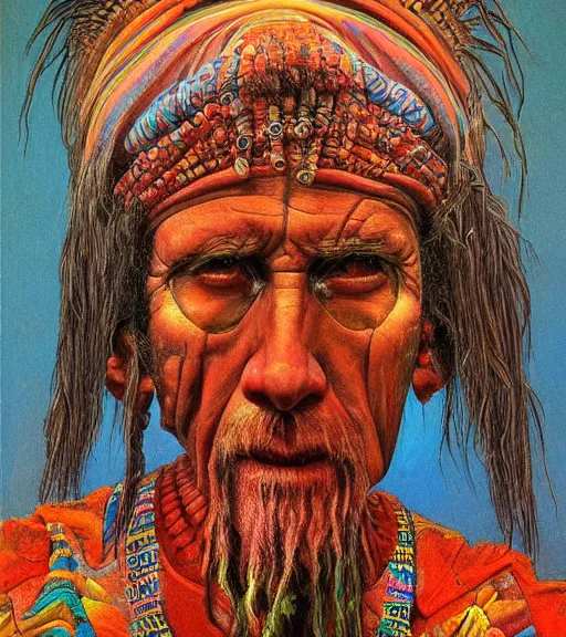 Prompt: Portrait painting in a style of Beksinski mixed with Alex Grey of an old shaman dressed in a colorful traditional clothes.