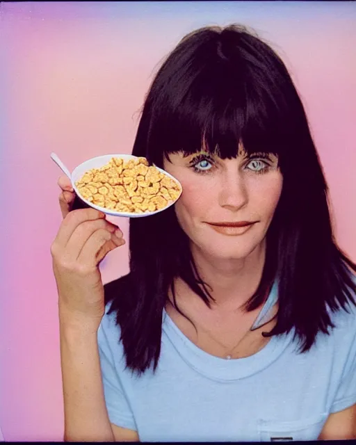 Prompt: 2 0 years old plump courtney cox eating cereal in her boyfriend's shirt, redshift, colour shift, wide shot, coloured polaroid photograph, pastel, kodak film, hyper real, stunning moody cinematography