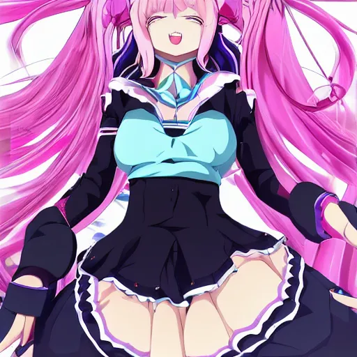 Image similar to stunningly beautiful omnipotent megalomaniacal anime goddess who looks like junko enoshima with symmetrical perfect face and porcelain skin, pink twintail hair and mesmerizing cyan eyes, looking down upon the viewer and taking control while smiling in a mischievous way, mid view from below her feet, hyperdetailed, 2 d anime, 8 k