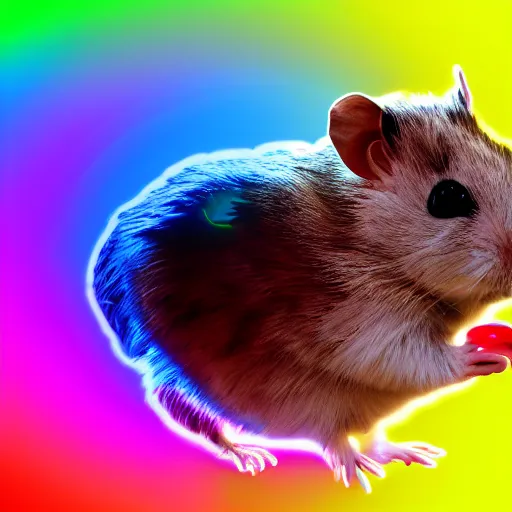 Image similar to cyberpunk hamster! holding rainbow! gem! crystal, neon lights, light reflection, logo, 8 k, hd