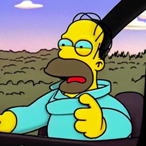 Image similar to homer simpson driving a car. he is holding a green lightsaber