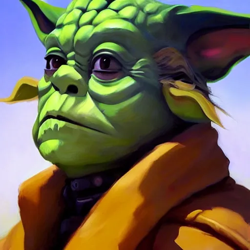 Image similar to greg manchess portrait painting of armored yoda as overwatch character, medium shot, asymmetrical, profile picture, organic painting, sunny day, matte painting, bold shapes, hard edges, street art, trending on artstation, by huang guangjian and gil elvgren and sachin teng