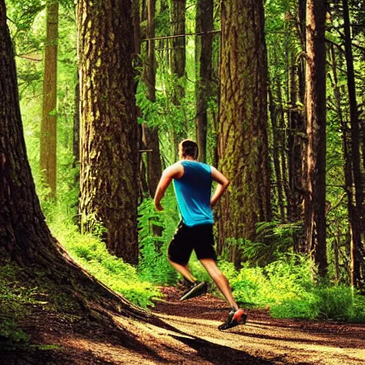 Image similar to a sporty guy runs alone through a forest with tall trees, acid-green sneakers, a photo from the back in perspective, art by Robert Kirkman,