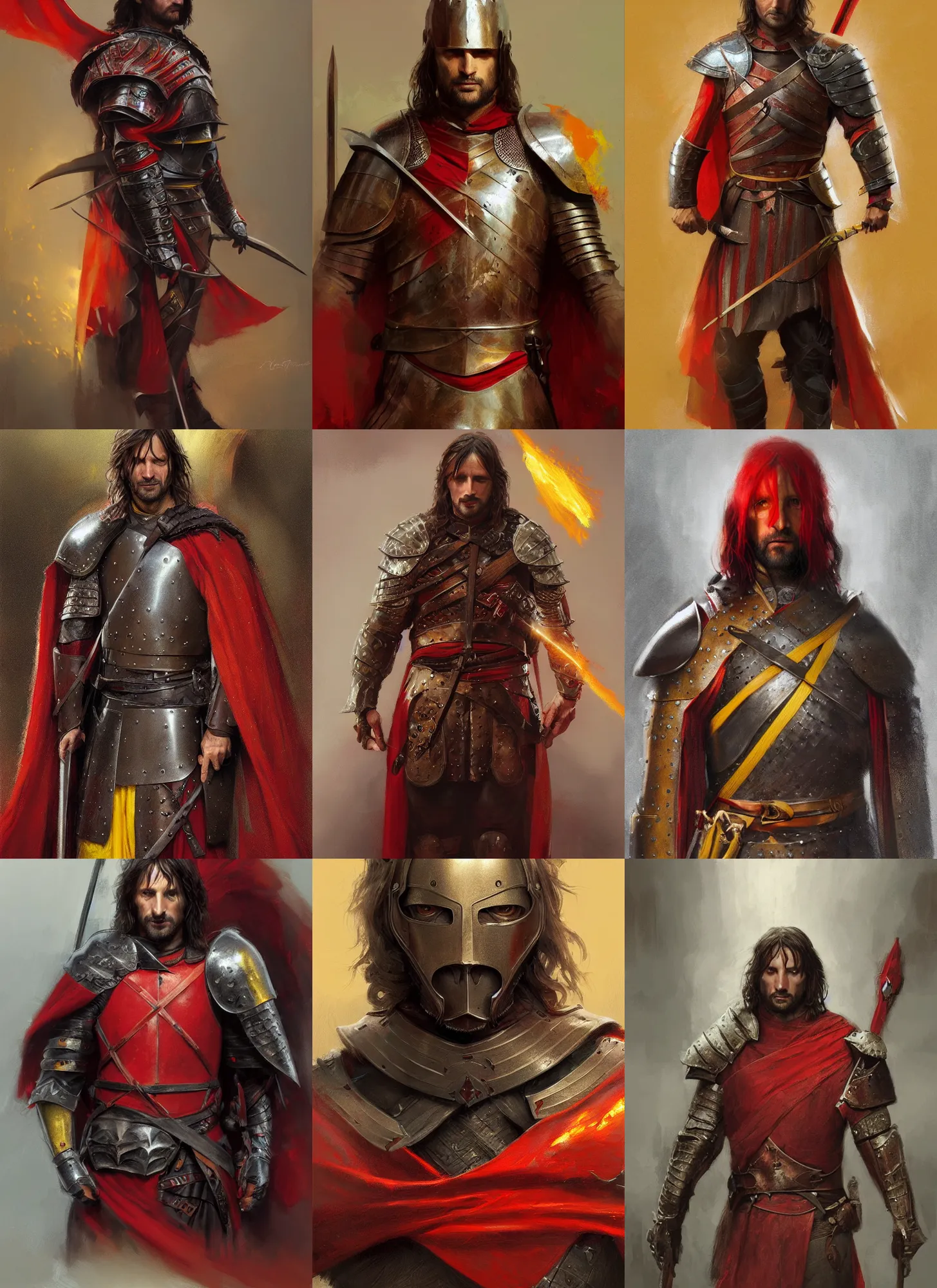 Prompt: aragorn portrait medieval armor, dark, red yellow flag, intricate, highly detailed, smooth, artstation, digital illustration, ruan jia, mandy jurgens, rutkowski