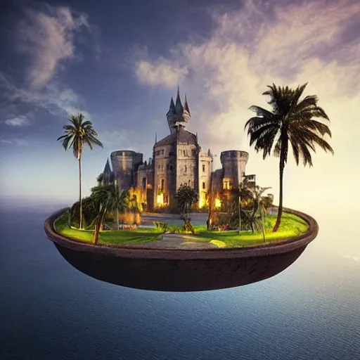 Image similar to a castle surrounded by giant palm trees on a giant floating island in the sky, giant light bulb glowing in the sky, cinematic, digital art by erik johansson, 8 k resolution, hyper detailed, sharp focus