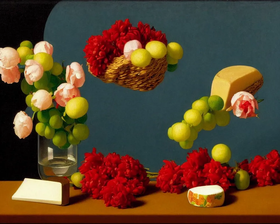 Prompt: an achingly beautiful still life featuring blooming flowers, wheels of cheese, and red wine by Raphael, Hopper, and Rene Magritte. detailed, romantic, studio lighting, enchanting, trending on artstation.