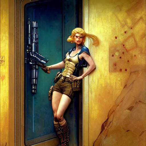 Image similar to portrait of beautiful blonde female sniper with blue eyes in front of room door. shadowrun cyberpunk fantasy d & d painting by gaston bussiere craig mullins jc leyendecker gustav klimt artgerm greg rutkowski john berkey, bergey, craig mullins, ruan jia, raymond swanland, tom lovell fortnite