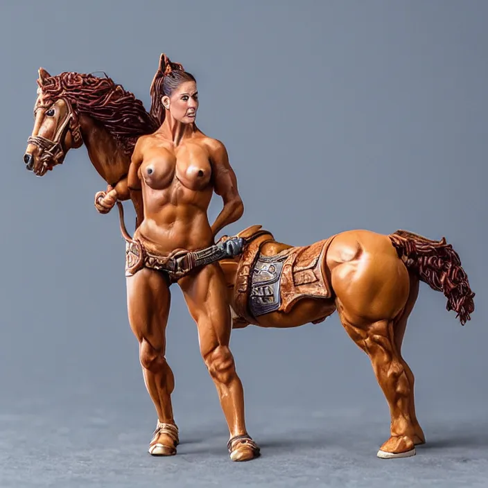 Image similar to 80mm resin detailed miniature of a Muscular Woman warrior standing next to a Horse, Product Introduction Photos, 4K, Full body, simple background