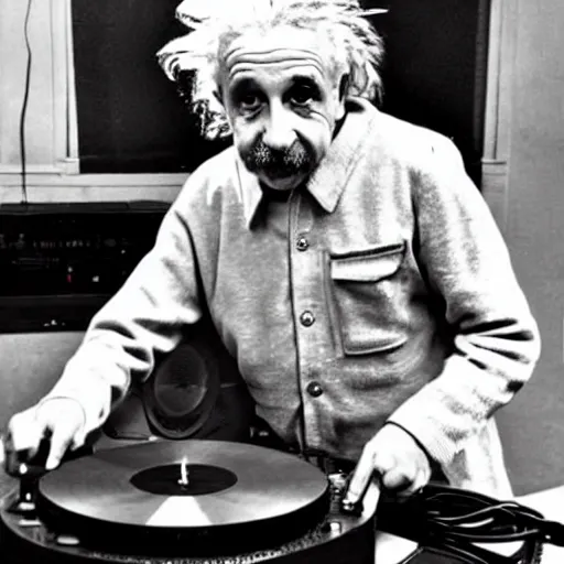 Prompt: photo of Albert Einstein DJing a record player, vintage, highly detailed facial features